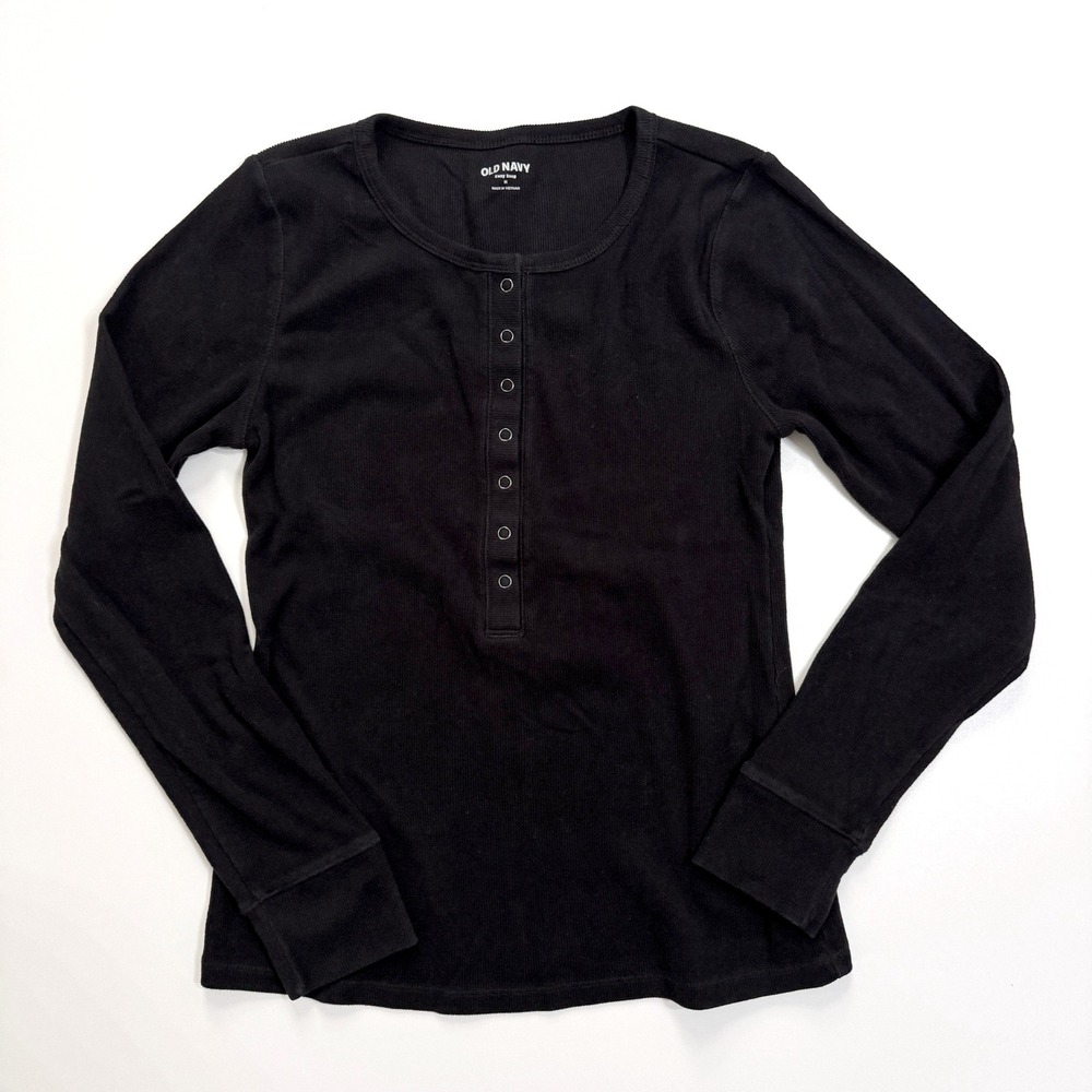 Old Navy Henley Top Medium Black Cozy Snug Ribbed Long Sleeve Snap Neck